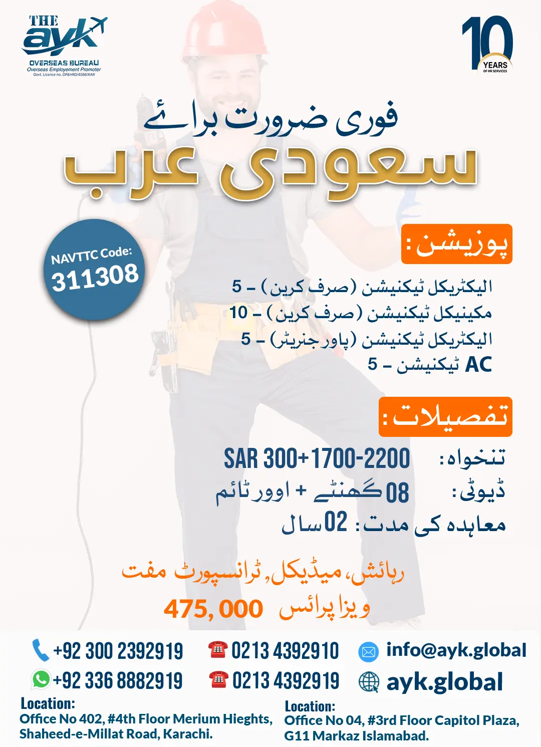 Electrical Technician- 5 Mechanical Technician- 10 Electrical Technician- 5 AC Technician - 5